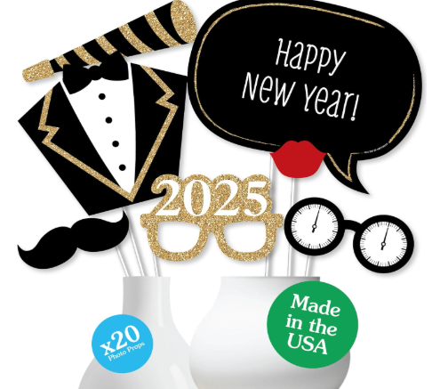 Big Dot of Happiness 2025 Gold New Year's Eve Photo Booth Props, 2025 New Year's Eve Party Props Kit, New Year's Eve Party Supplies, 20 Count